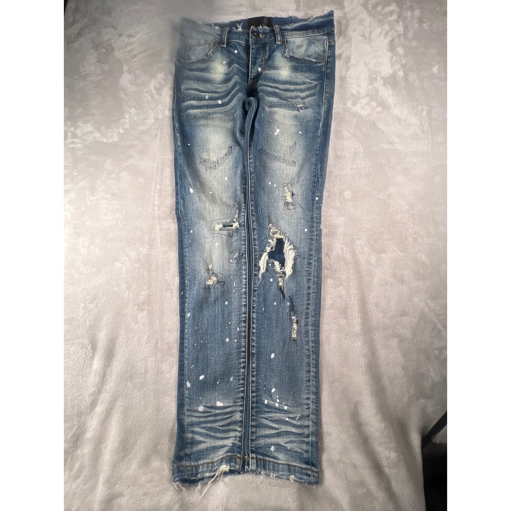 Valabasas Mens 29 Distressed Paint Splatter Slim Fit Blue Denim Jeans Button Fly
